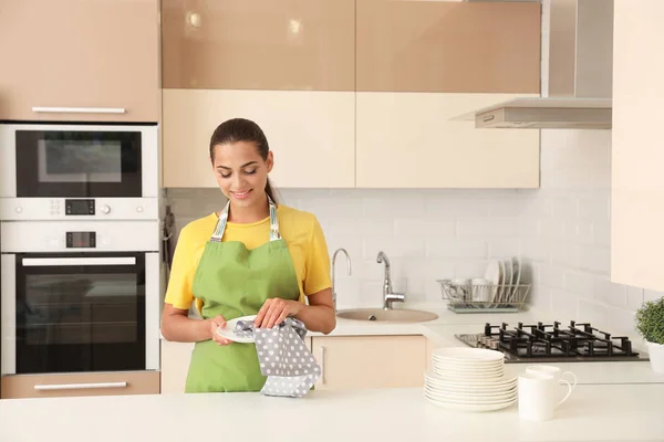 Mujer Joven Limpiando Plato Limpio Cocina Lavavajillas — Foto de Stock