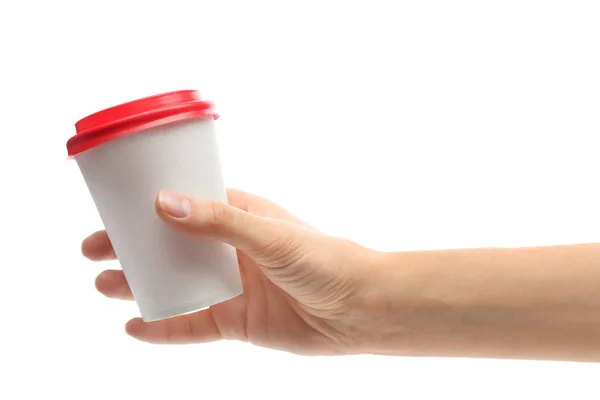 Vrouw Met Afhaalmaaltijden Papier Coffee Cup Witte Achtergrond — Stockfoto