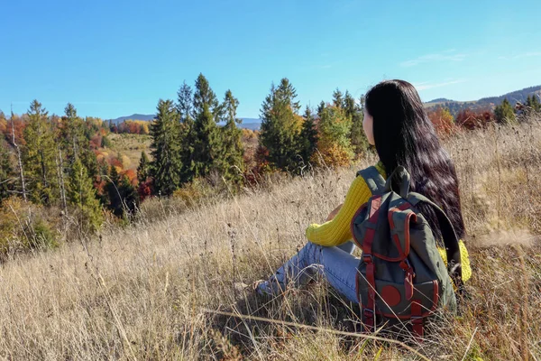 Viajante Feminino Vendo Paisagem Pacífica Montanha — Fotografia de Stock