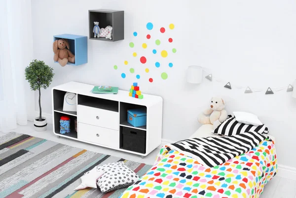 Modern Child Room Interior Comfortable Bed Striped Carpet — Stock Photo, Image