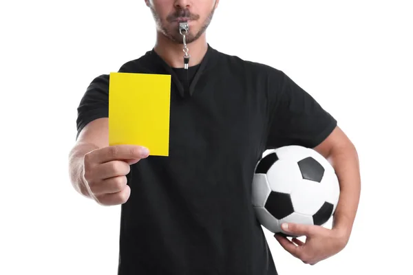 Árbitro Futebol Com Bola Segurando Cartão Amarelo Fundo Branco Close — Fotografia de Stock