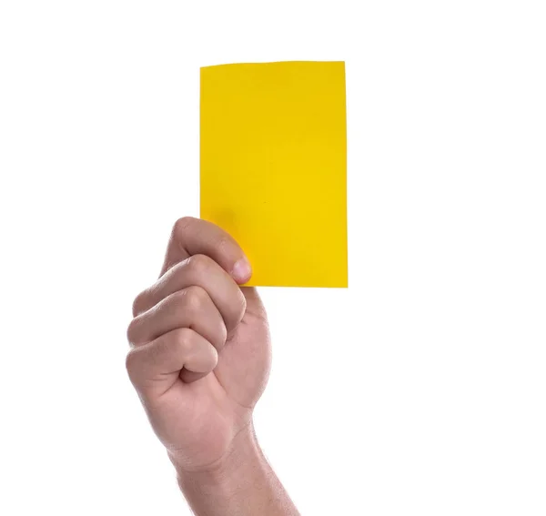 Futebol clube mão segurando cartões apito de bola vermelha e amarela