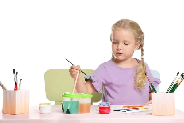 Cute Child Painting Picture Table White Background — Stock Photo, Image