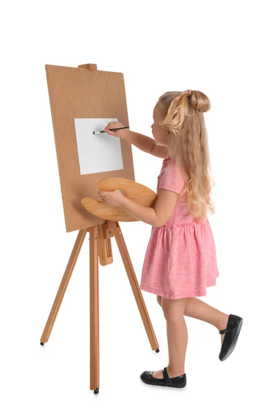 Criança Pintura Imagem Cavalete Contra Fundo Branco Espaço Para Texto — Fotografia de Stock