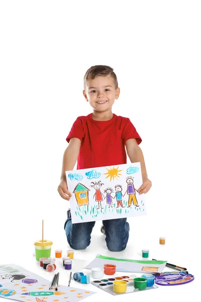 Schattig Kind Tonen Van Zijn Schilderij Witte Achtergrond — Stockfoto
