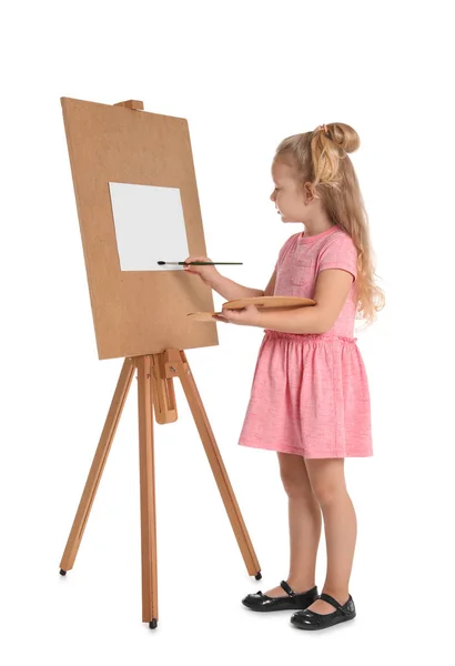 Child Painting Picture Easel White Background Space Text — Stock Photo, Image