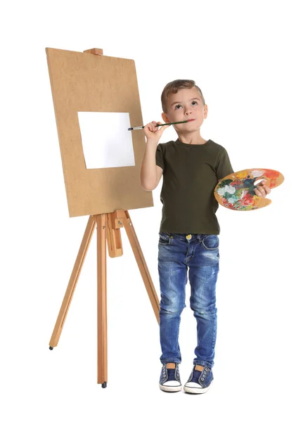 Child Painting Picture Easel White Background Space Text — Stock Photo, Image