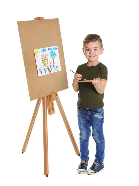 Child Painting Picture Easel White Background — Stock Photo, Image