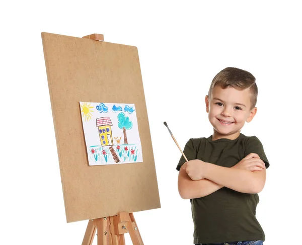 Child Painting Picture Easel White Background — Stock Photo, Image