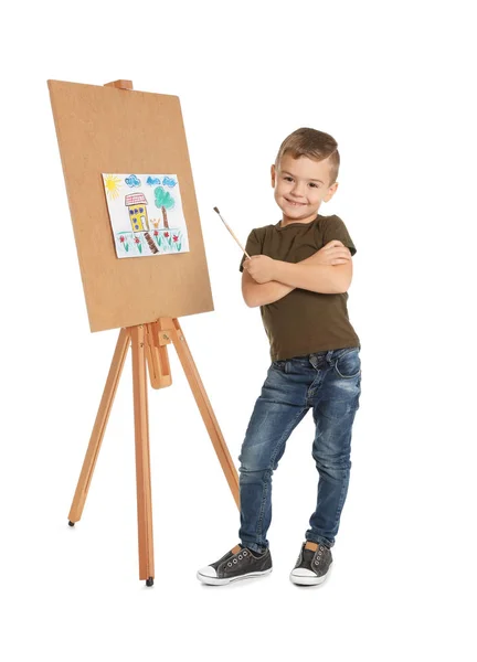 Dziecko Malarstwo Obraz Sztalugach Białym Tle — Zdjęcie stockowe