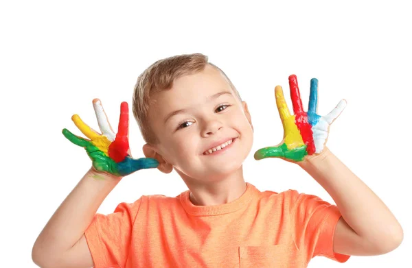 Kindje Met Geschilderde Handen Witte Achtergrond — Stockfoto