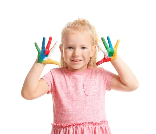 Kindje Met Geschilderde Handen Witte Achtergrond — Stockfoto