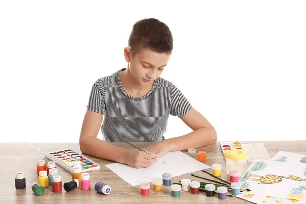 Cute Child Painting Picture Table White Background — Stock Photo, Image