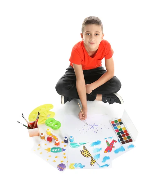 Cute Child Painting Picture White Background — Stock Photo, Image