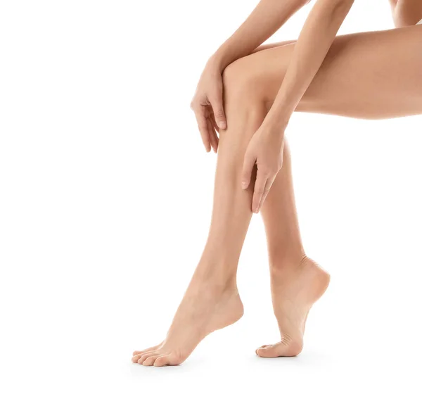 Young Woman Beautiful Long Legs White Background Closeup — Stock Photo, Image