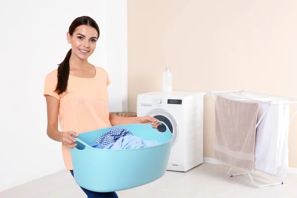 Young Woman Laundry Basket Washing Machine Home Space Text — Stock Photo, Image