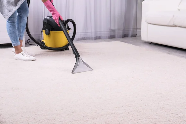 Woman Cleaning Carpet Vacuum Cleaner Closeup Space Text — Stock Photo, Image