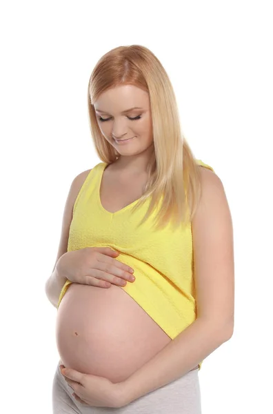 Hermosa Mujer Embarazada Mostrando Barriga Sobre Fondo Blanco —  Fotos de Stock