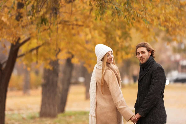 Pareja Romántica Joven Parque Día Otoño —  Fotos de Stock