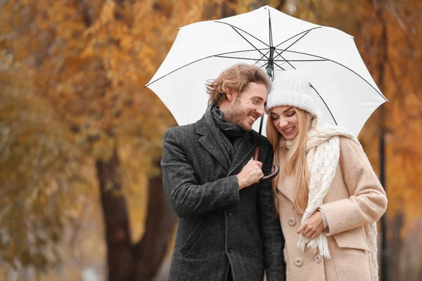 Pareja Romántica Joven Con Paraguas Parque Día Otoño —  Fotos de Stock