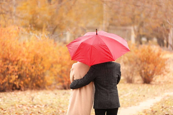 Unga Romantiska Par Med Paraply Park Höstdag — Stockfoto