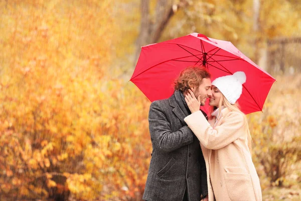 Jonge Romantische Koppel Met Paraplu Park Herfstdag — Stockfoto