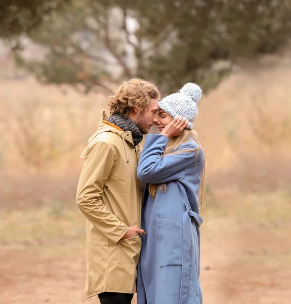 Pareja Romántica Joven Parque Día Otoño —  Fotos de Stock