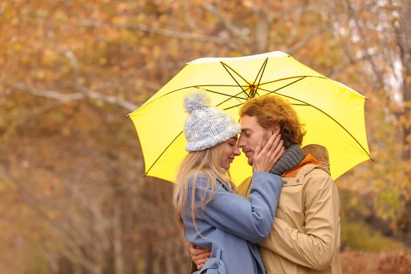 Casal Romântico Com Guarda Chuva Parque Dia Outono — Fotografia de Stock