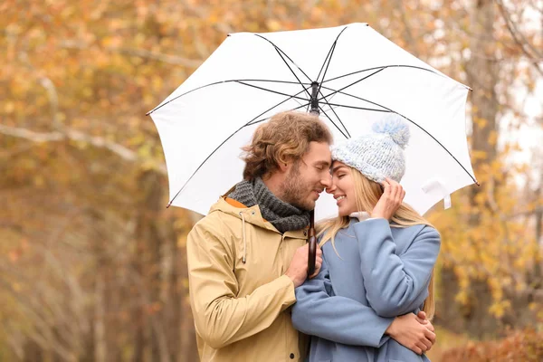 Pareja Romántica Joven Con Paraguas Parque Día Otoño —  Fotos de Stock