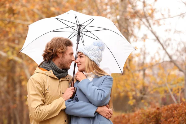 Jovem Casal Romântico Com Guarda Chuva Parque Dia Outono — Fotografia de Stock