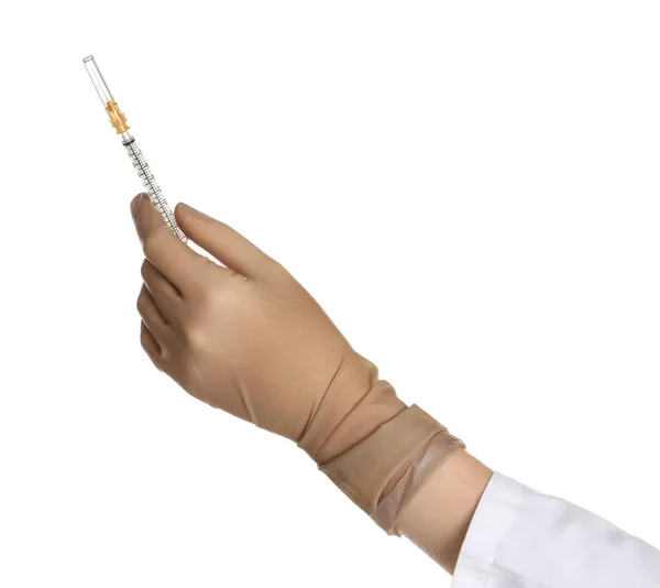 Doctor Medical Glove Holding Syringe White Background Stock Photo