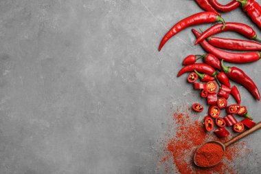 Taze biber, toz ve gri arka plan üzerinde metin için yer düz yatıyordu kompozisyonu