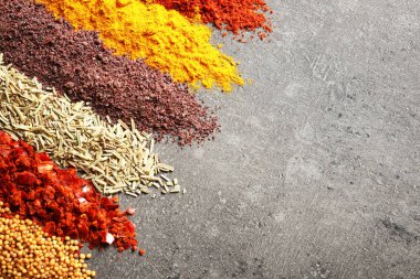 Satır farklı aromatik baharat ve gri arka plan üzerinde metin için yer
