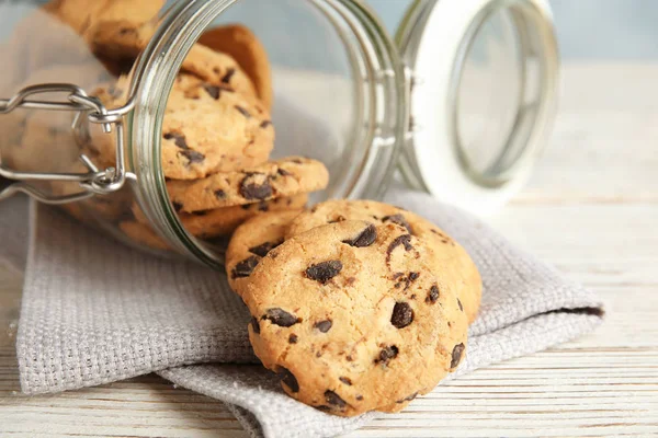 Jar Tasty Chocolate Chip Cookies Wooden Background — Stock Photo, Image