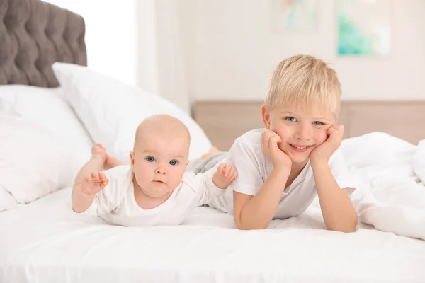 Cute Boy His Little Sister Lying Bed Home — Stock Photo, Image