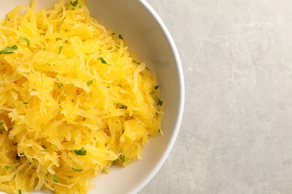 Bowl Cooked Spaghetti Squash Table Top View Space Text — Stock Photo, Image