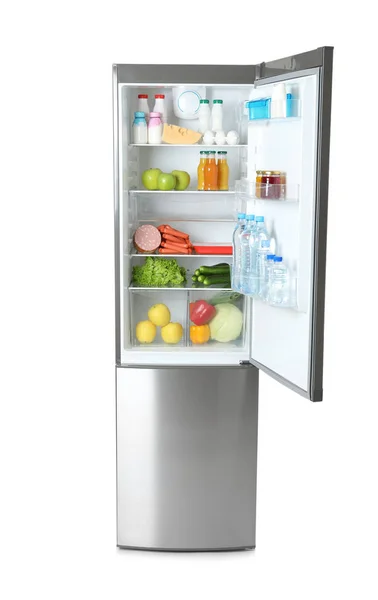 Offener Kühlschrank Mit Vielen Verschiedenen Produkten Auf Weißem Hintergrund — Stockfoto