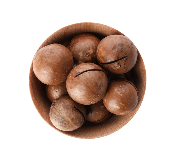 Beyaz Arka Planda Üstten Görünüm Organik Macadamia Fındık Ile Kase — Stok fotoğraf