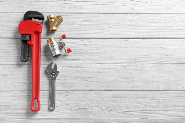 Flat Lay Composition Plumber Tools Space Text Wooden Background — Stock Photo, Image