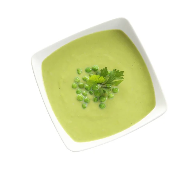 Fresh Vegetable Detox Soup Made Green Peas Dish White Background Stock Picture