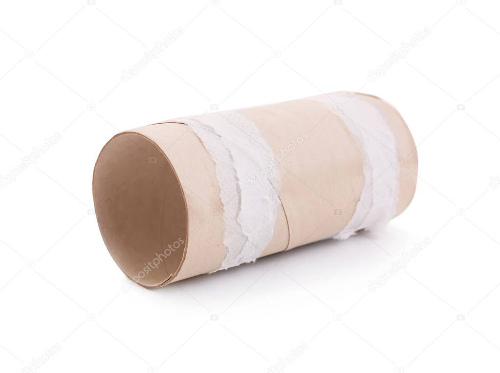 Empty paper toilet roll on white background