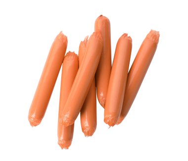 Beyaz arka planda, üstten görünüm encased sosis. Et ürün