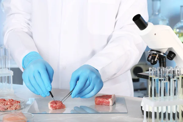 Wetenschapper Inspecteren Vlees Monster Laboratorium Controle Van Kwaliteit Van Het — Stockfoto