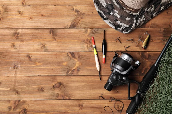 Composición Plana Con Equipo Pesca Espacio Para Texto Sobre Fondo — Foto de Stock