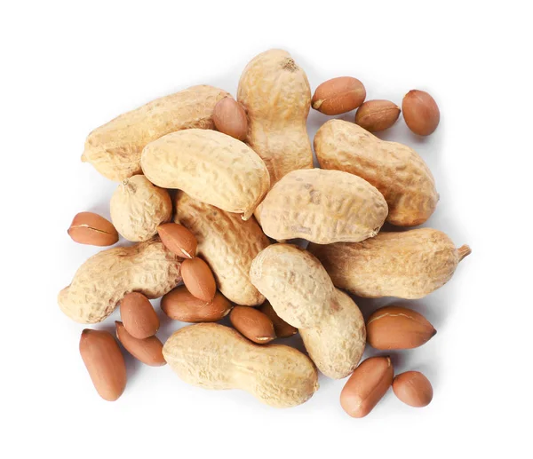 Raw Peanuts White Background Top View Healthy Snack — Stock Photo, Image