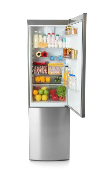 Открытый Холодильник Множеством Различных Продуктов Белом Фоне — стоковое фото