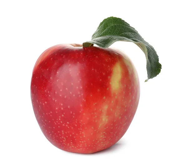Soczyste Czerwone Jabłko Zielonych Liści Białym Tle — Zdjęcie stockowe