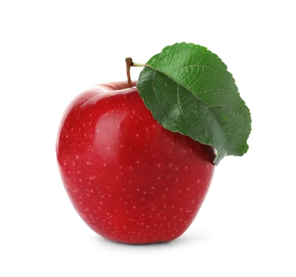 Manzana Roja Jugosa Con Hoja Verde Sobre Fondo Blanco — Foto de Stock