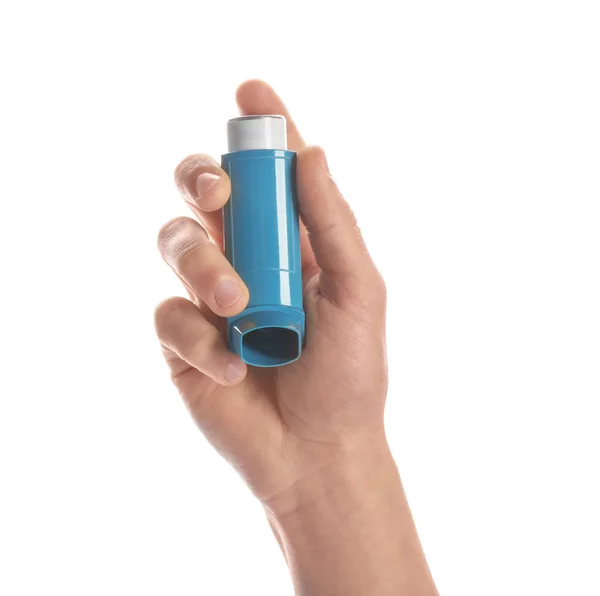Man Håller Astmainhalator Vit Bakgrund Närbild — Stockfoto