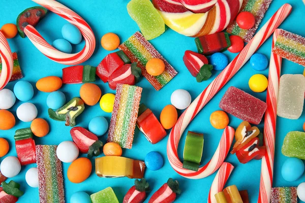 Many Different Yummy Candies Color Background Top View — Stock Photo, Image